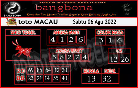 Prediksi Bangbona Toto Macau Sabtu 06 Agustus 2022