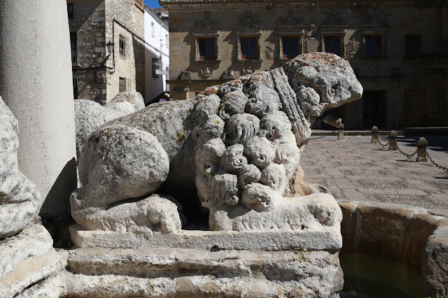 León de piedra de una fuente en la plaza de una ciudad.