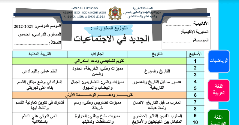 التوزيع السنوي الجديد في الاجتماعيات المستوى الخامس 2021 2022 word