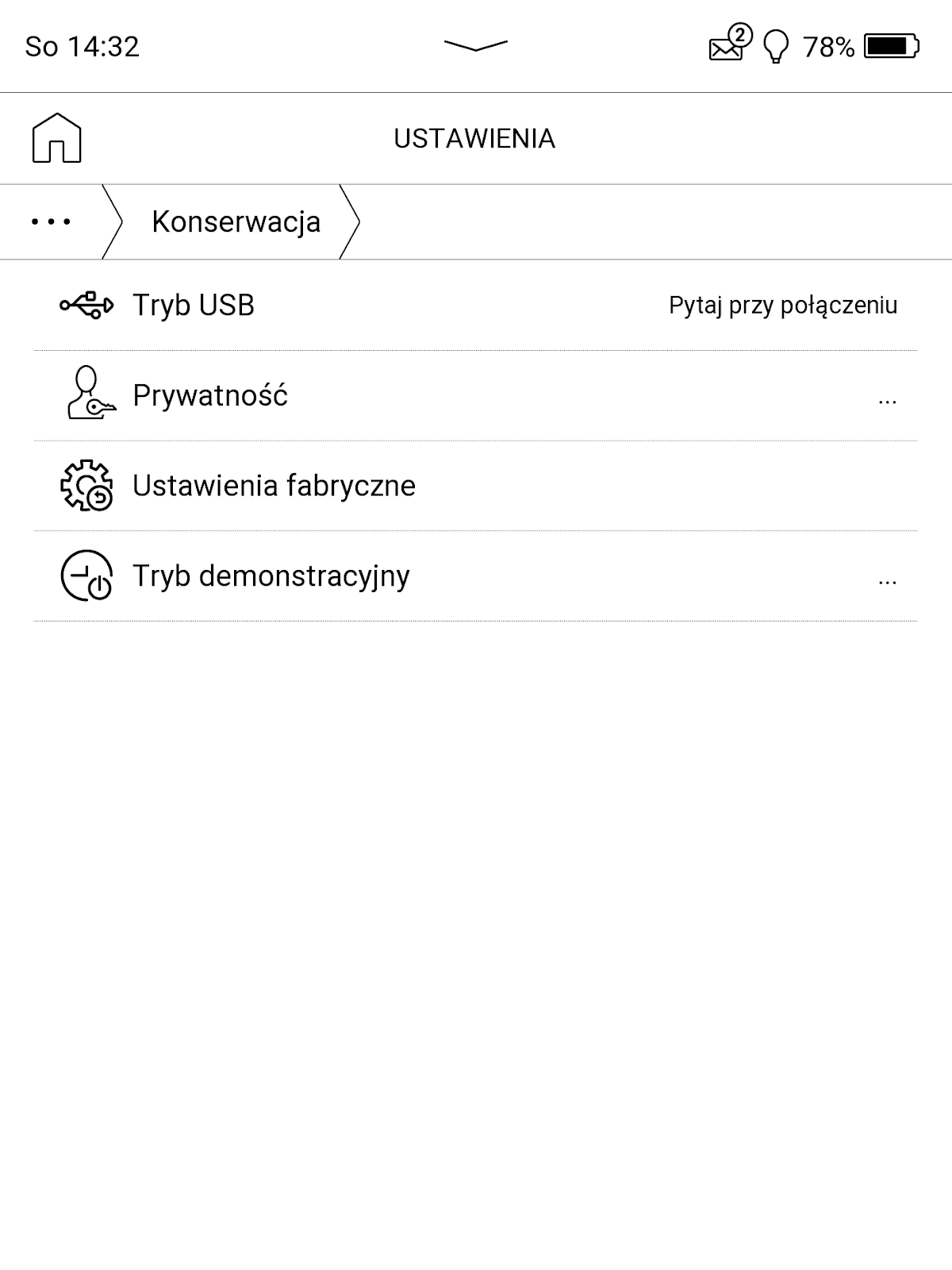 Ustawienia trybu połaczenia USB, prywatności, powrotu do ustawień fabrycznych, trybu demonstracyjnego w PocketBook InkPad 4