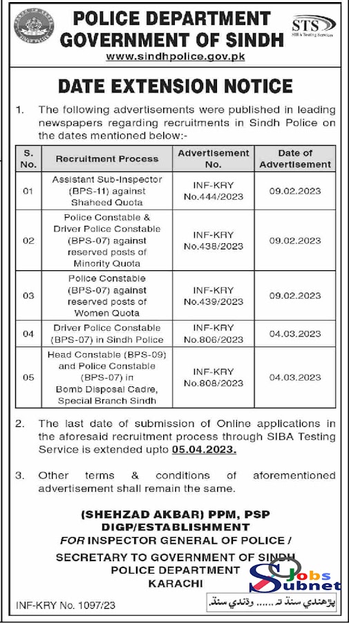 Assistant Sub Inspector Police Department  Jobs 2023 in Sindh