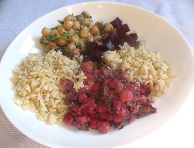 Chickpea, Spinach and Beets in a Coconut-Tomato Curry