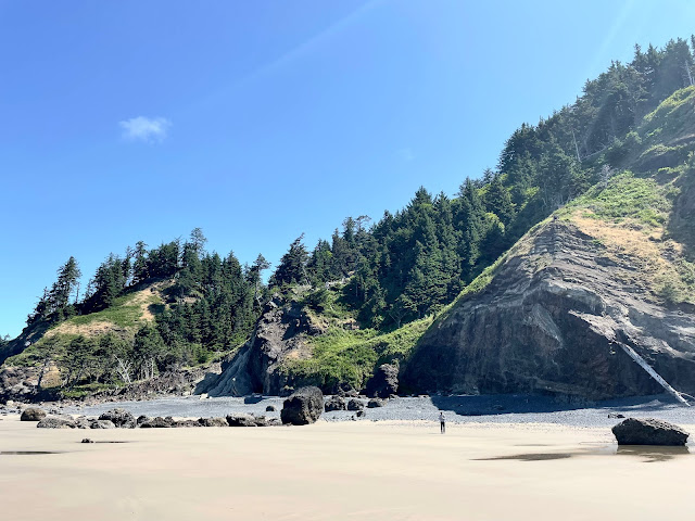 The right side of Indian Beach. The water is out of view as the tide is down. There is just sand upon sand and rocky cliffs covered with evergreen trees.