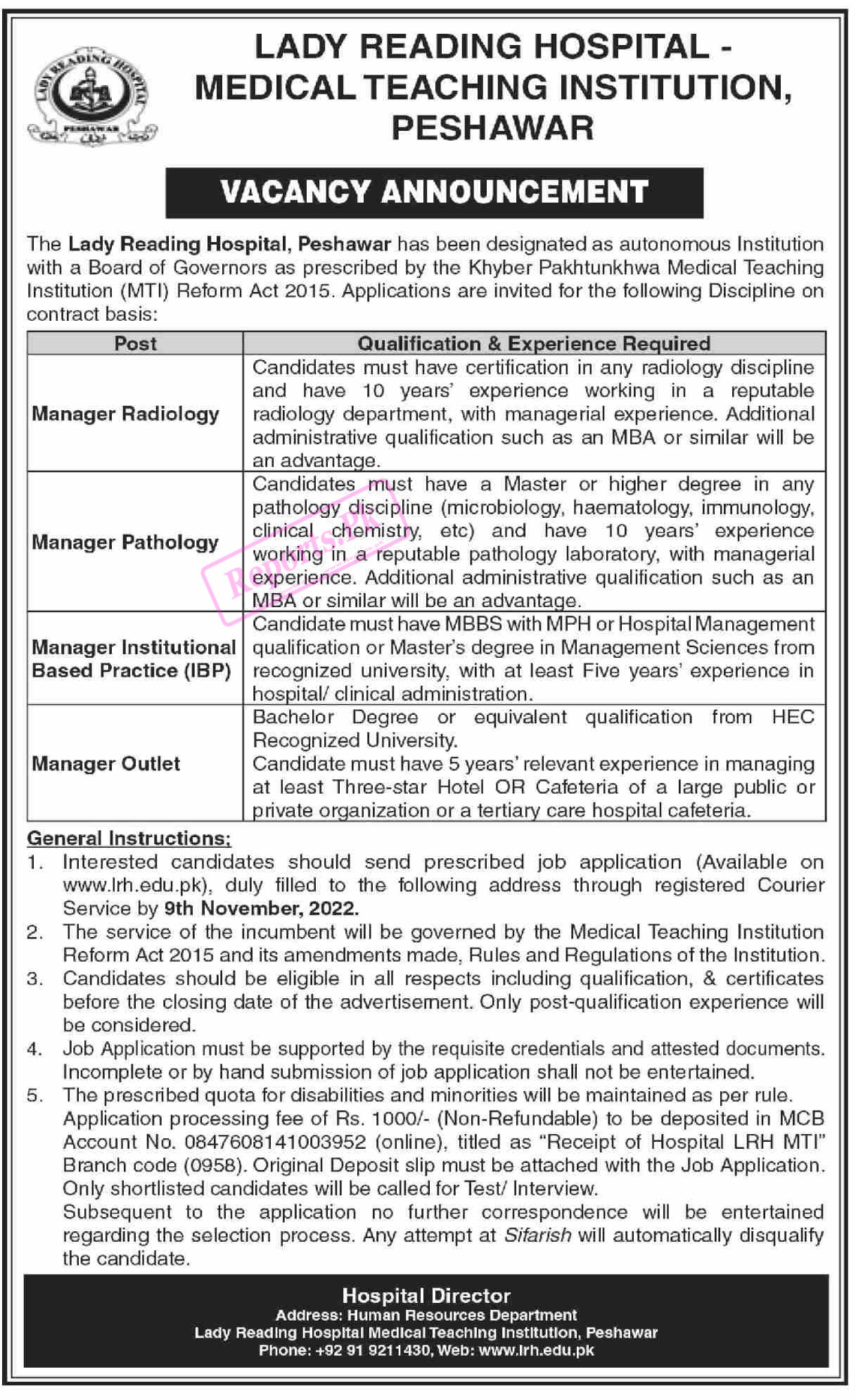 Lady Reading Hospital LRH Pehawar Jobs 2022 Latest Advertisement