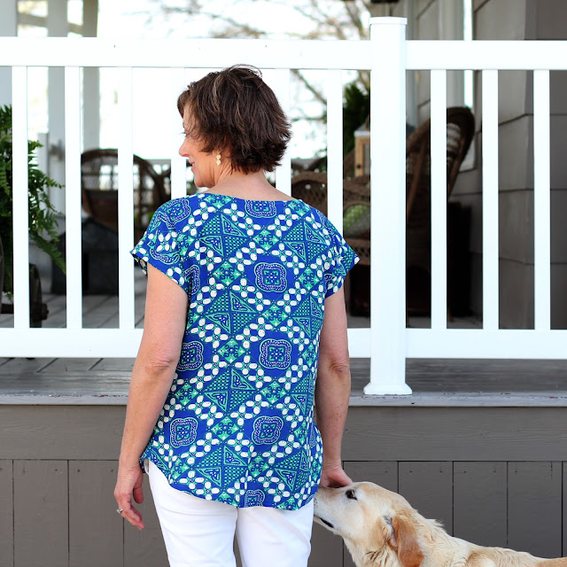 5 point blouse, pattern by Peppermint Creek and published in a Sew News issue.  Fabric is rayon from Mood Fabrics