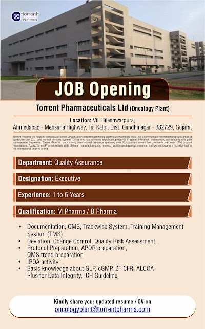 Torrent Pharmaceuticals Job Vacancy For Quality Assurance