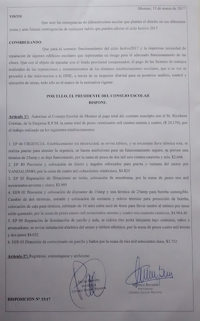 Disposición 33/2017: Autorización de pago de $24.174 al proveedor RPM de Ricobene Cristian, por trabajos realizados en los establecimientos con código EP46, EP80 (reparación de daños producidos por actos de vandalismo), EP03, ES02, EP09, ES03