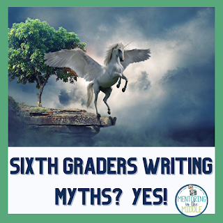 picture of Pegasus on a cliff with title - Sixth graders writing myths?  Yes!