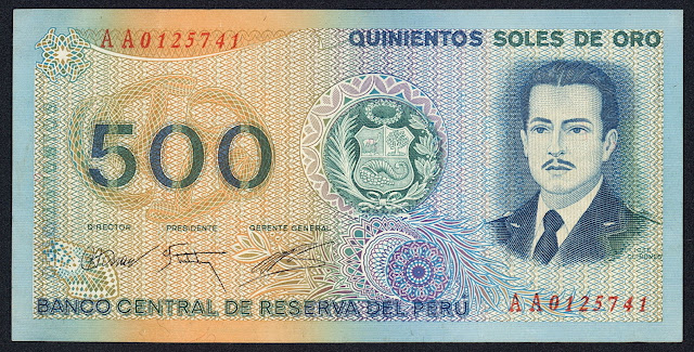 Peru Banknotes 500 Soles de Oro banknote 1976 Military aviator José Quiñones Gonzales