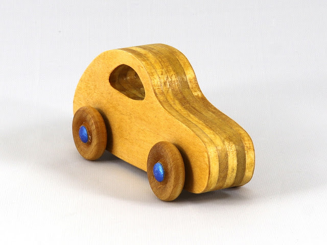 Wood Toy Car, Handmade and Finished with Amber Shellac and Saphire Blue Metallic Acrylic Paint, From The Play Pal Collection