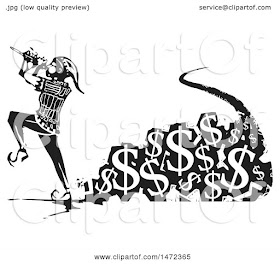 Clipart of a the Pied Piper Marching and Playing a Pipe with a Trail of Usd Currency