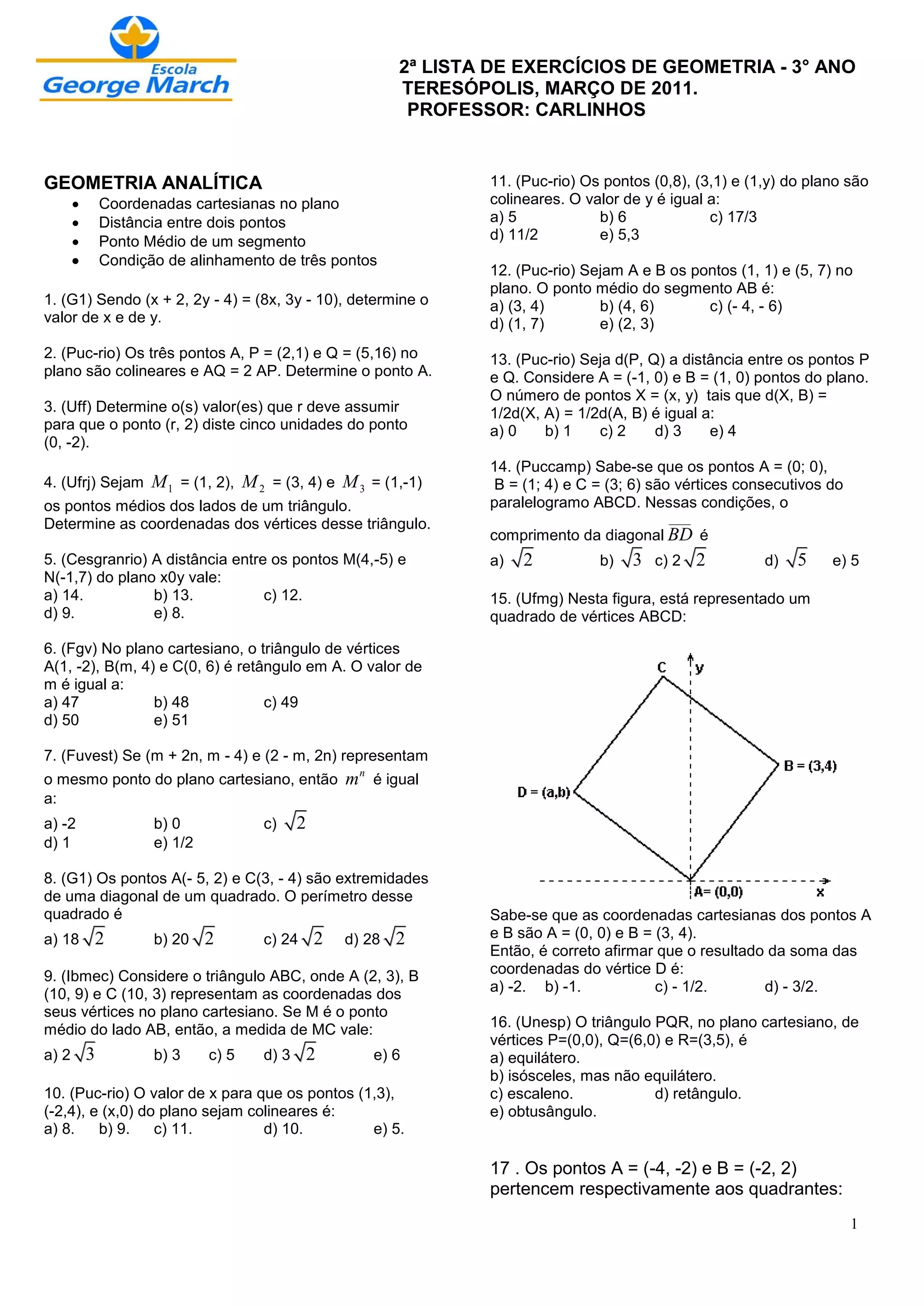 Lista de exercícios geometria analítica pdf com gabarito