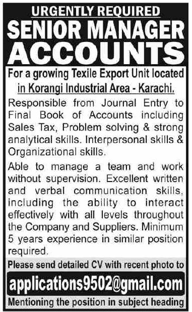 Textile Export Unit Karachi Offers Vacancies for the Post of Senior Manager Accounts