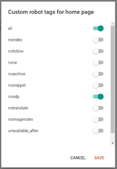 Custom Robot tags for homepage (