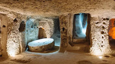 We can see a stone wheel with a peephole in the middle of it at the entrance in Derinkuyu Turkey the ancient underground city.