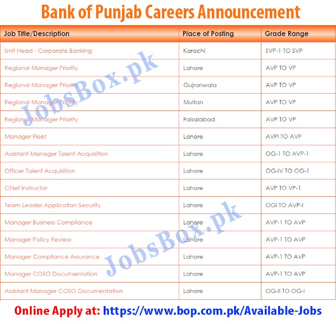 The Bank of Punjab BOP Jobs 2022 Online Application