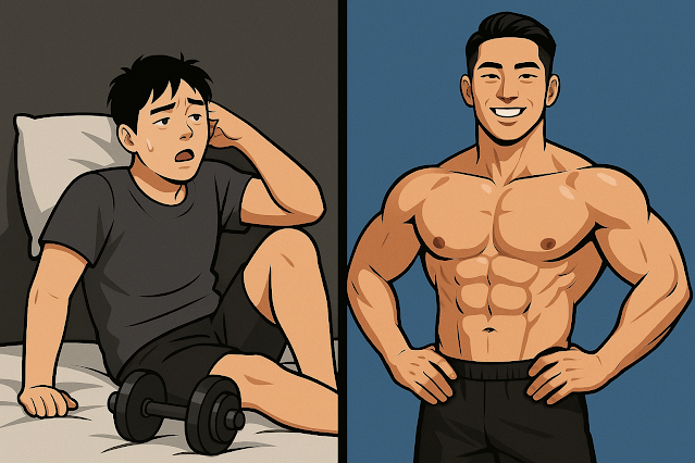 한쪽에는 비효율적인 운동자세나 침대에 누워있는 사람, 다른 쪽에는 근육이 뚜렷하게 드러나는 몸을 가진 헬스 트레이너