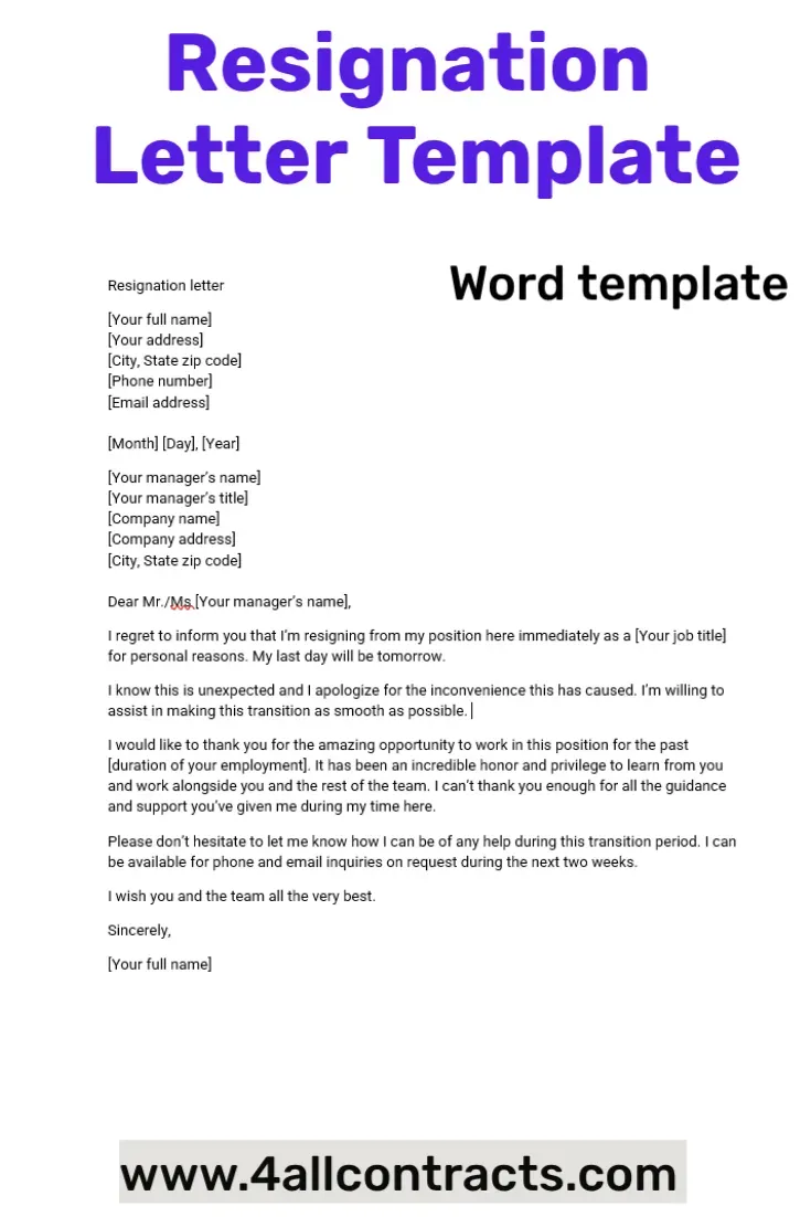 Instant Resignation Letter Template - Download in Word Need to resign quickly? Our Word template makes it easy to craft a respectful, professional resignation letter in no time.