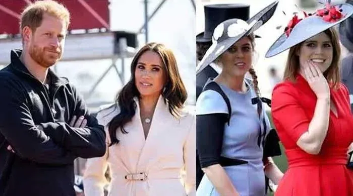 Prince Harry with Meghan Markle (L) Princess Beatrice, Princess Eugenie (R)