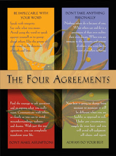 Image of book cover listing the four agreements: Be Impeccable with your word, Don't take anything personally, Don't make assumptions, Always do your best