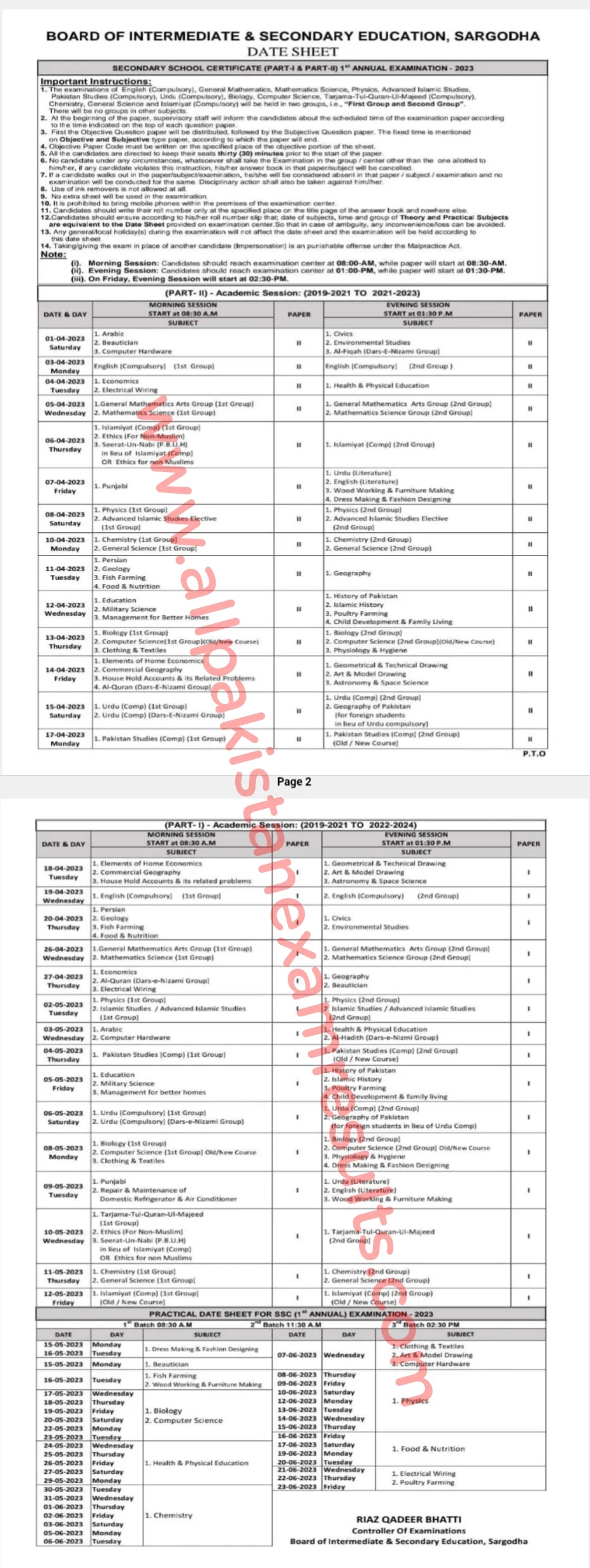 BISE Sargodha 9th & 10th Class Date Sheet 1st Annual 2023