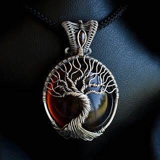 Amber & Sterling Silver Tree of Life Necklace wire wrapped by Tim Whetsel - Black background & natural light