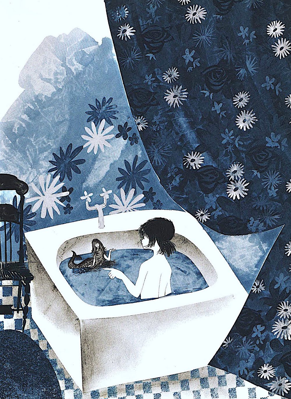 a Leonard Weisgard children's book illustration in blue, young girl in a bath tub