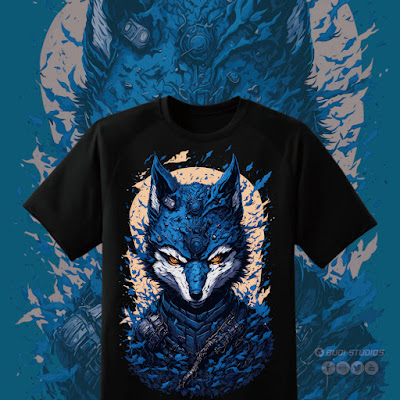 Kaos Evil Ninja Wolf Blue Premium T-Shirt