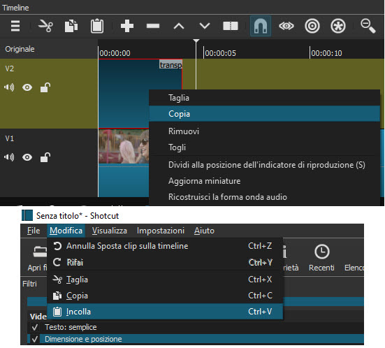 copia incolla di una clip in shotcut
