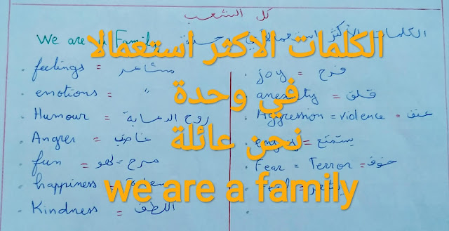 الكلمات الاكثر استعمالا في وحدة نحن عائلة we are a family  | english bac 