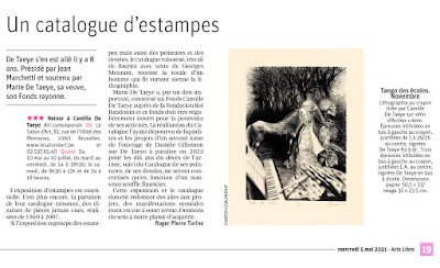 article de Roger Pierre Turine à propos du catalogue raisonné de l'œuvre imprimé de camille de taeye dans la libre du 5 mai 2021