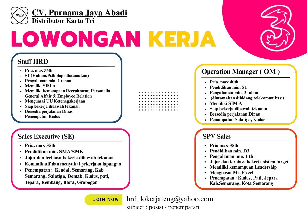 Loker Semarang, Kudus, Salatiga, Demak, dll di CV Purnama Jaya Abadi