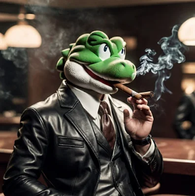 A younger King Koopa wearing black leather suit smoking a cigar looking devious