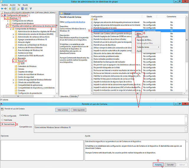 Configuración del equipo \ Directivas \ Plantillas administrativas \ Componentes de Windows \ Buscar \ Permitir el uso de Cortana