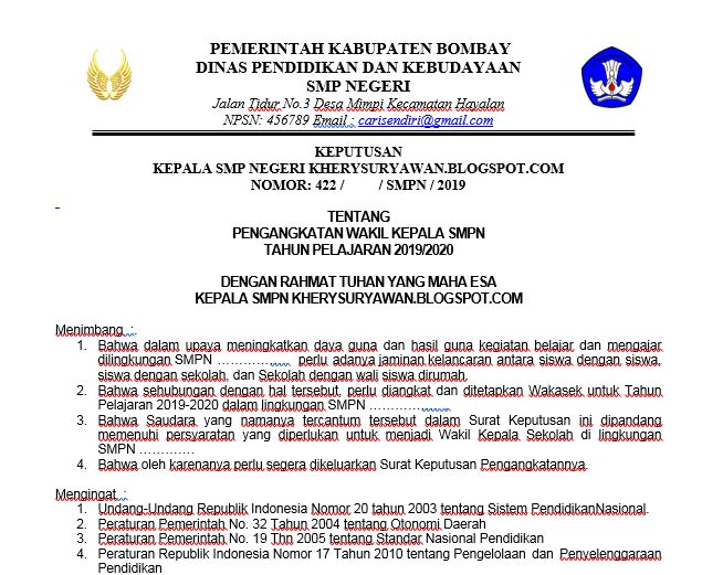 Contoh SK Wakil Kepala Sekolah Terbaru - panduandapodik.id