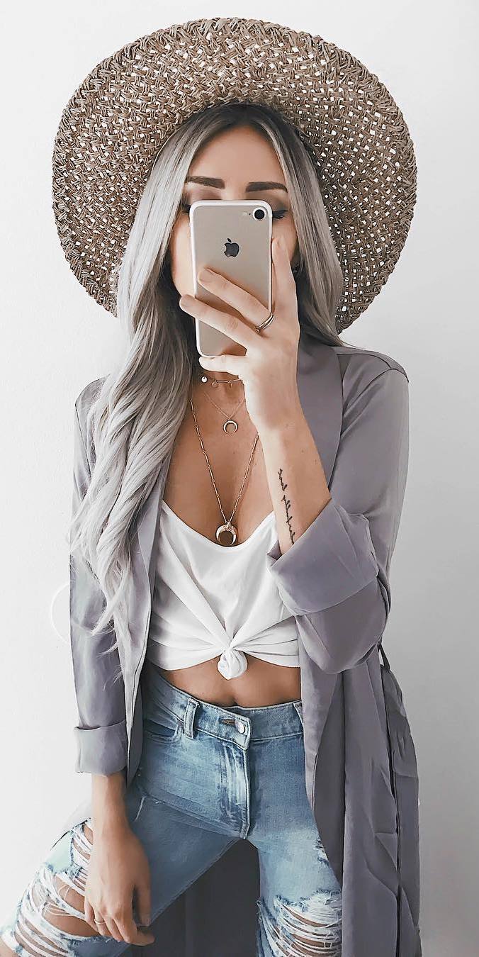 trendy outfit _ hat + cardigan + white top + ripped jeans