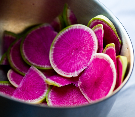 Sweet Pickled Onion Watermelon Radish Salad vegan, makes 4 cups