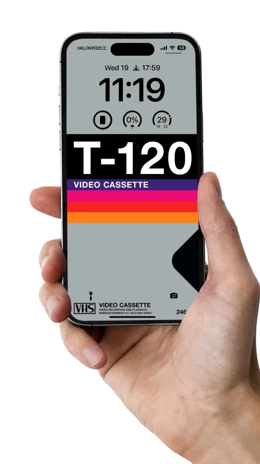 iPhone wallpaper mimicking a classic VHS T-120 video cassette design with bold typography and retro color stripes.