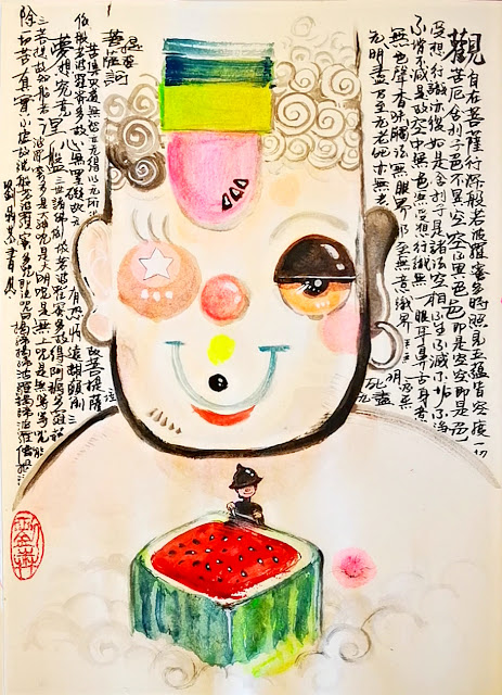 painting art, portrait of Buddha, Buddhism, Nirvana, Heart Sutra in Comic Style, hildren book illustration Style, Man in black hat climbing a watermelon to meet Buddha