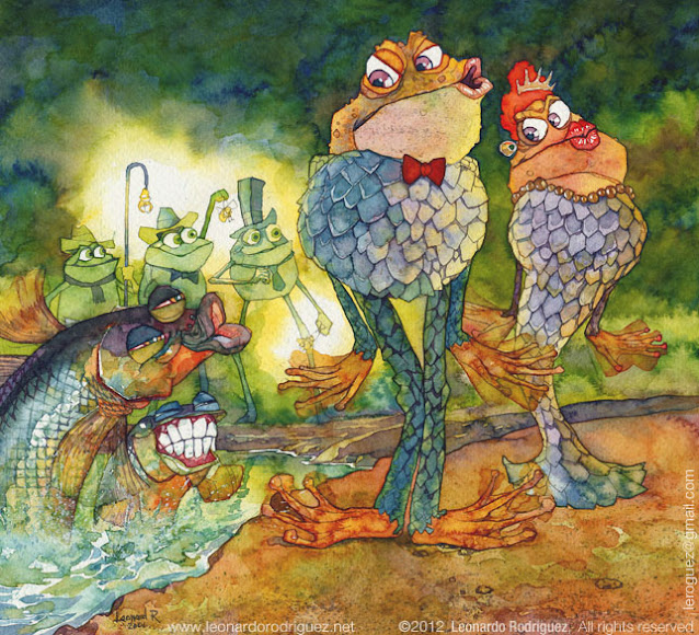 Illustración infantil en acuarela de una escena fantástica de dos peces burlándose del disfraz de una pareja de sapos, al fondo hay unas ranitas andando con unas lámparas.  El ambiente es una selva.