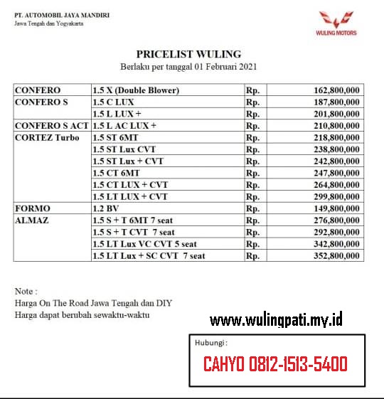 DAFTAR HARGA MOBIL DEALER WULING PATI BULAN FEBRUARI 2021