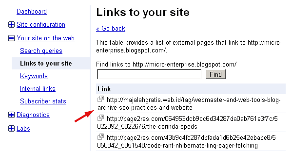 Screenshot of Google Webmaster Tools *Links to Your Site* second page