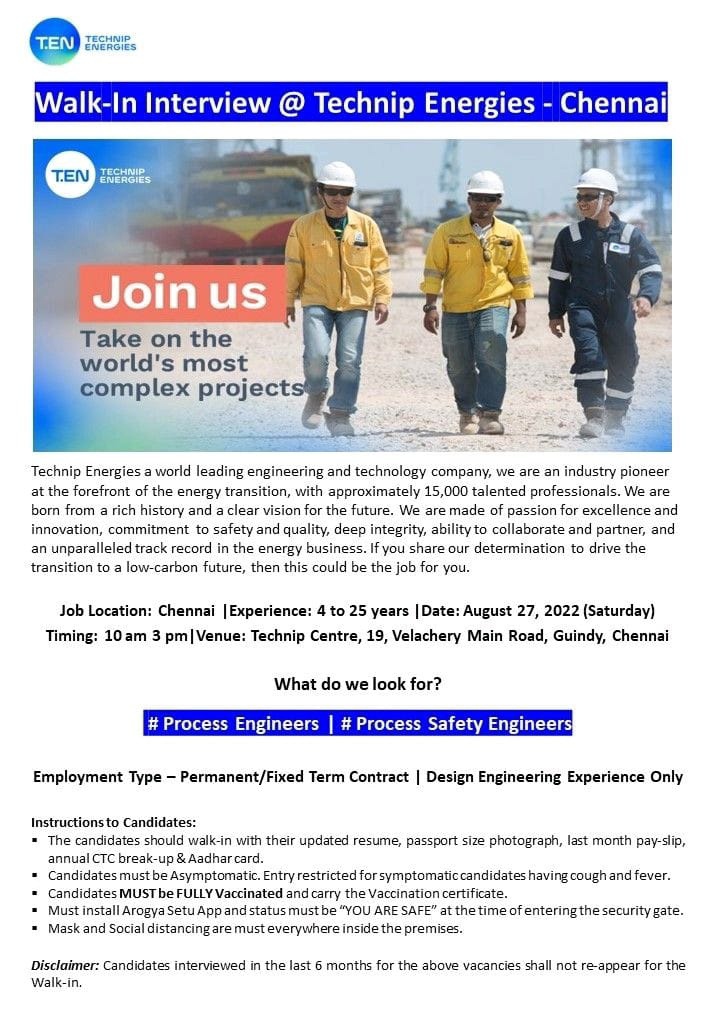 Job Available's for Technip Energies Walk-In Interview for Process Engineers/ Process Safety Engineers