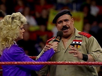 WWF UK Rampage '92 - Mike McGuirk holds the mic while Col. Mustafa rants on