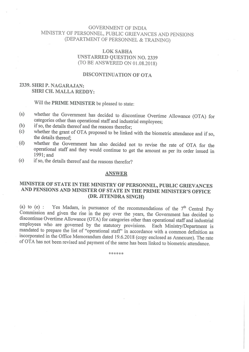 Discontinuation of Overtime Allowances - Lok Sabha Q & A dated 01.08.2018