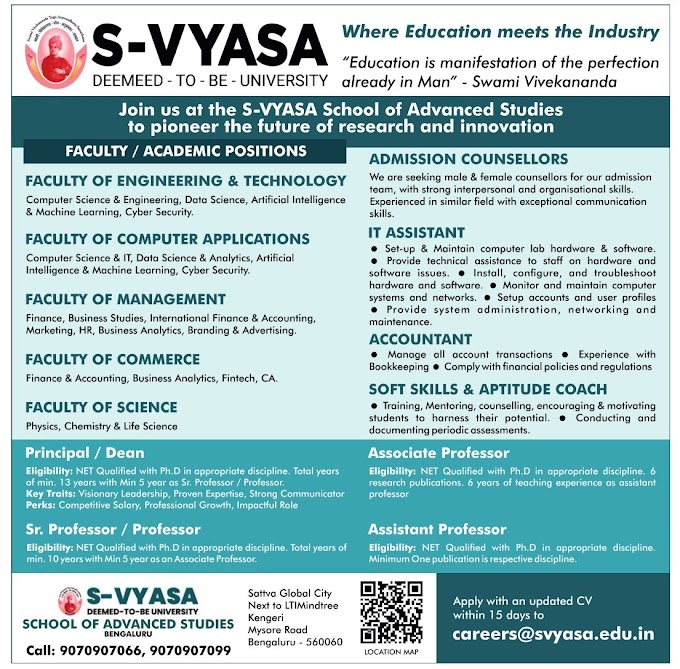 S-Vyasa University Bangalore Life Sciences Faculty Jobs