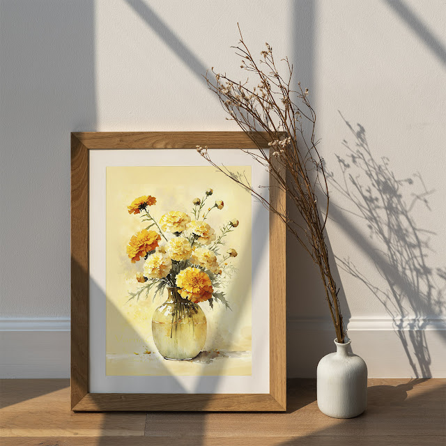 october birth flower, marigold still life painting, painterly watercolor floral wall art by Biju Varnachitra