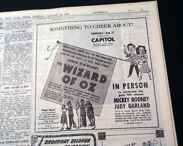 WizardofBaum: WIZARD OF OZ AD IN NEW YORK TIMES...1939