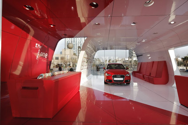 Modern red interiors of Audi pavilion