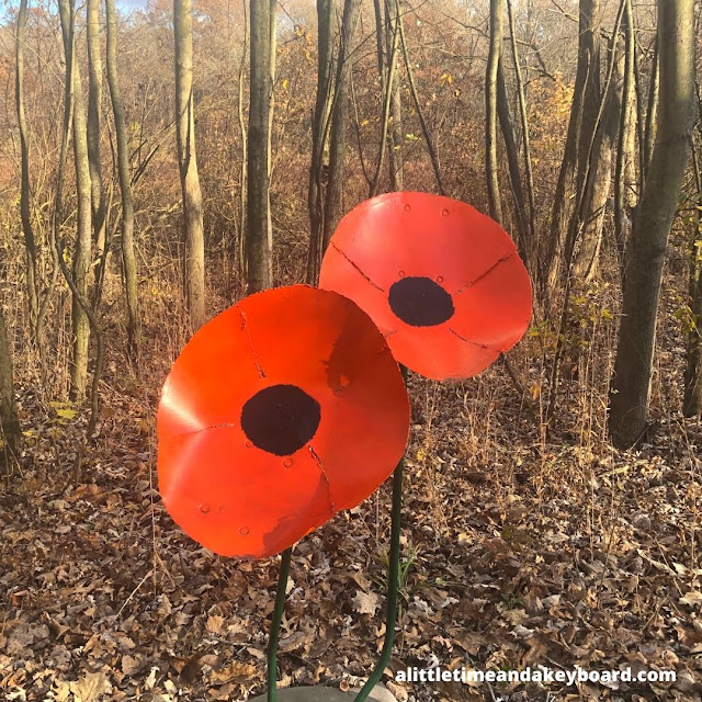 Touching poppy sculpture at Goodenow Grove.